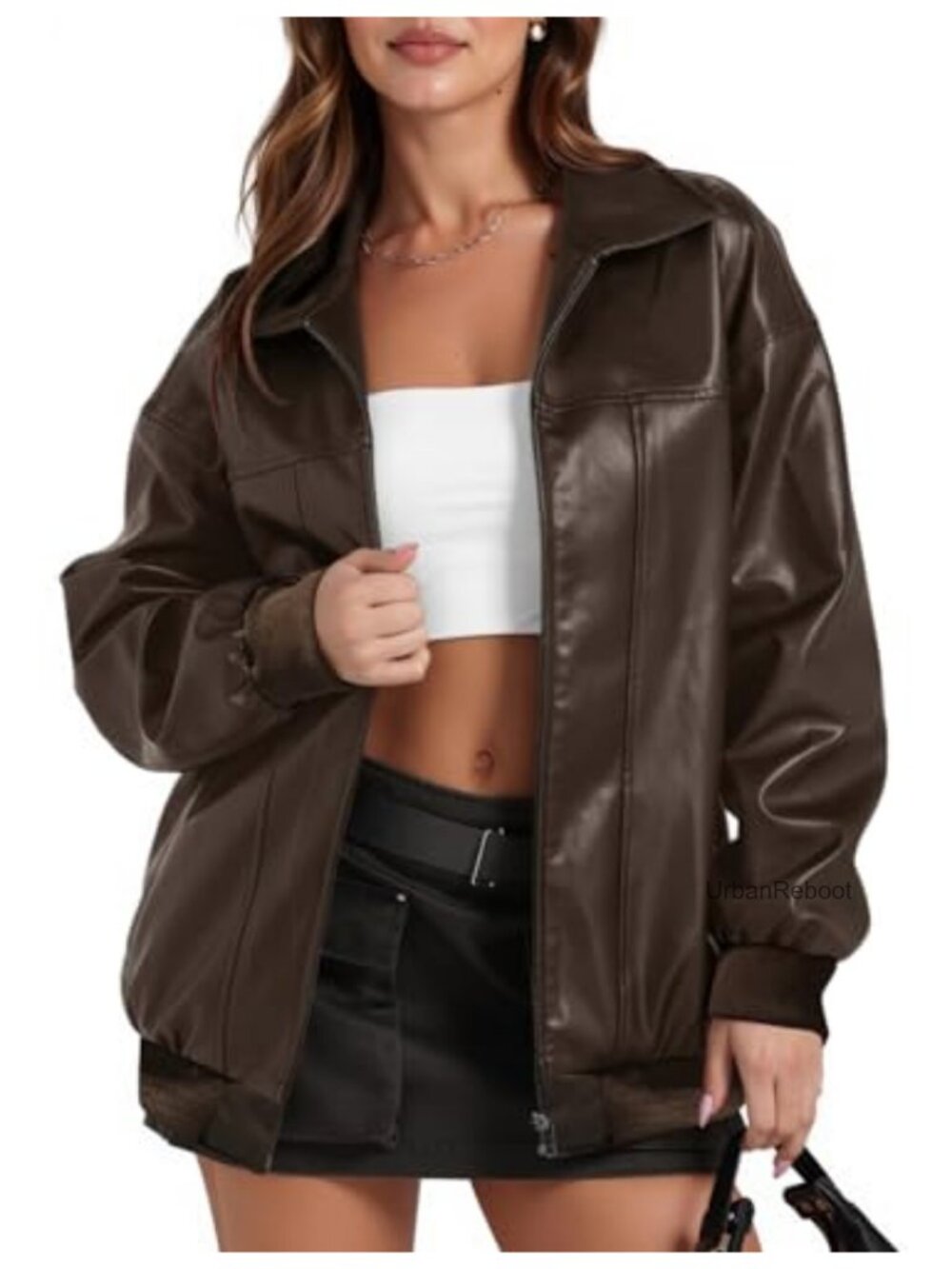 Faux Leather Bomber Jacket Oversized Moto Coat with Pockets Fall Fashion